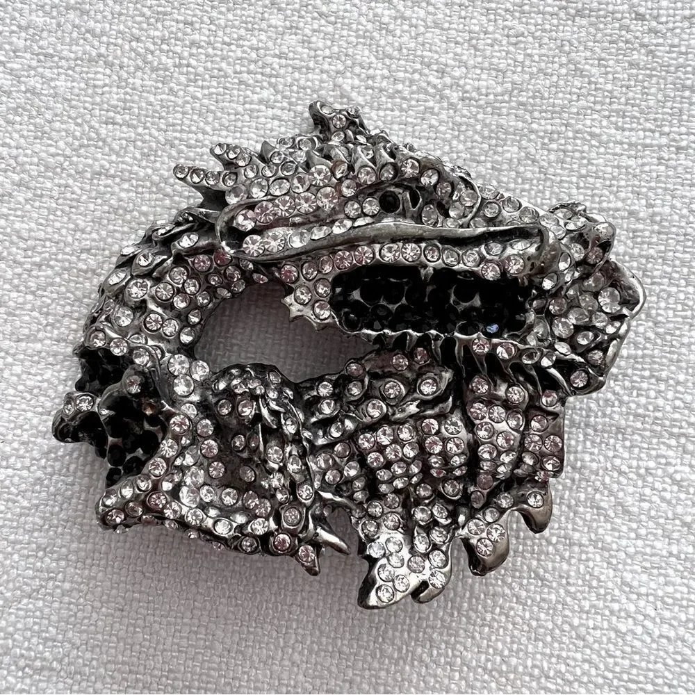 SILVER DAGGER Belt Buckle Vintage, Dragon Crystals Color Silver And Black.